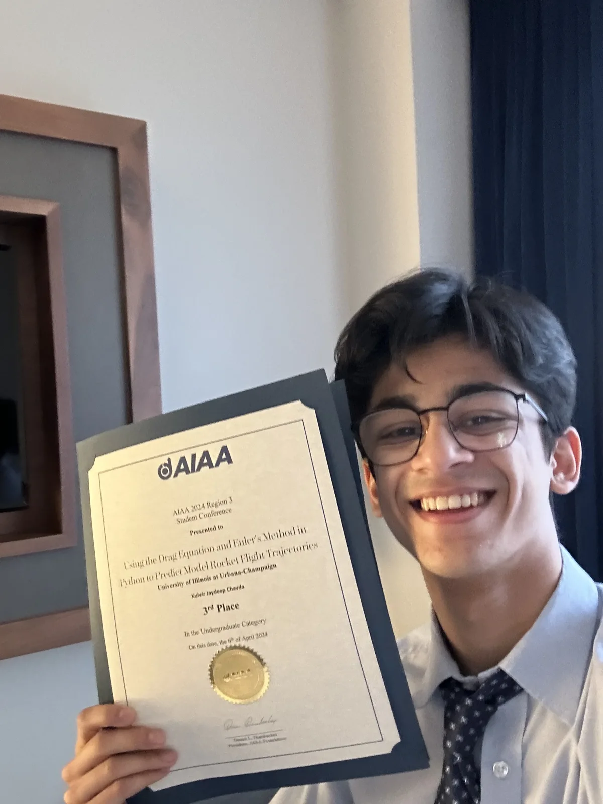 Kulvir with his third-place award at the 2024 AIAA Region III Student Conference
